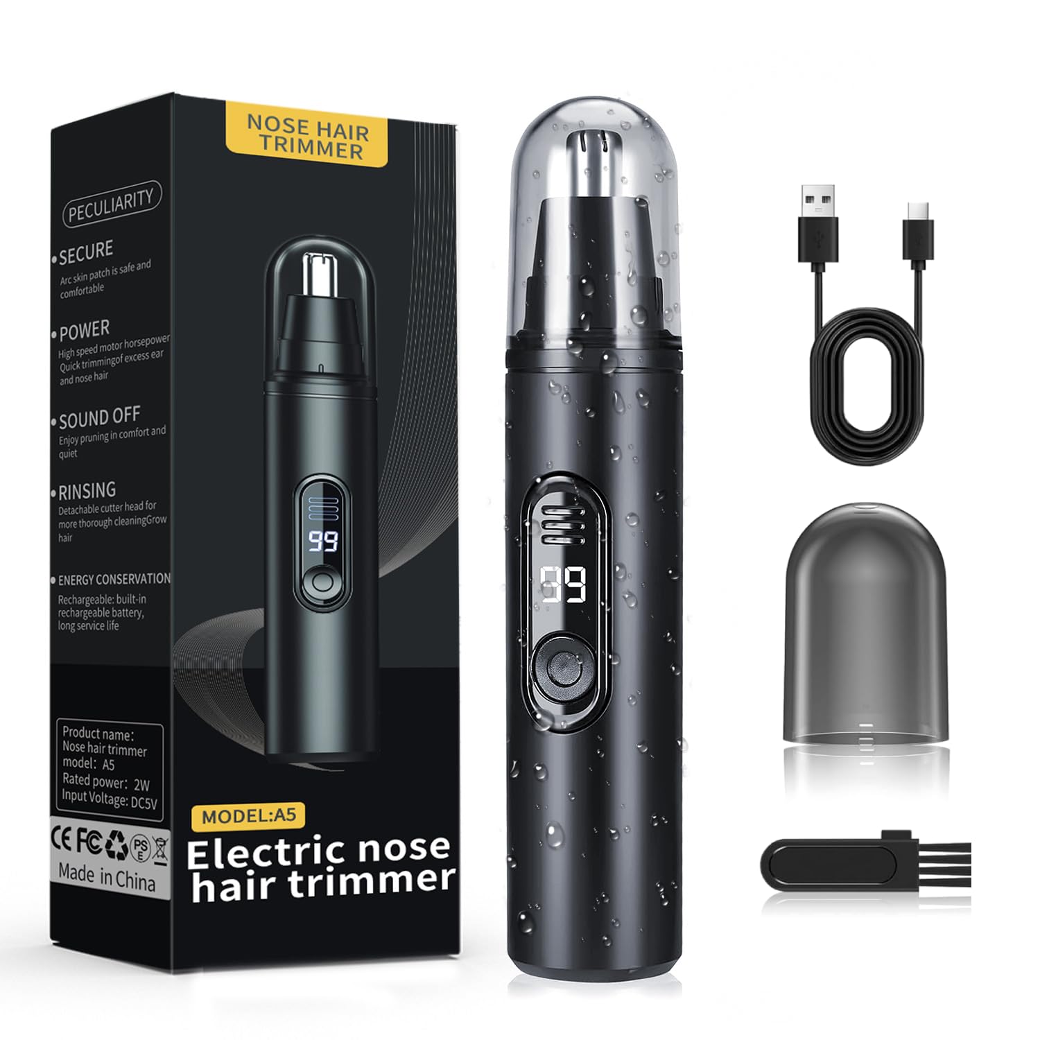 

Триммер для носа и ушей, ЖК-дисплей уровня заряда батареи, тихий, идеальный подарок для пожилых людей, черный мужской триммер 3-в-1: брови, уши, волосы, Type-C серый