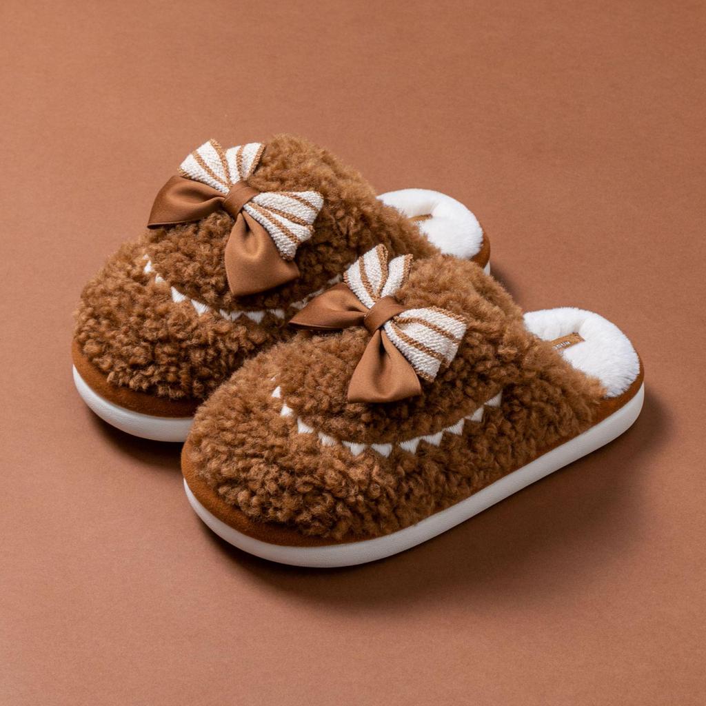 Winter Bowknot Furry Slippers for Couples - Cozy Indoor Cotton Slippers