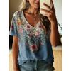 Women Summer T Shirt Retro Flower Pattern Print Short Sleeve Tees Casual Printed Tops