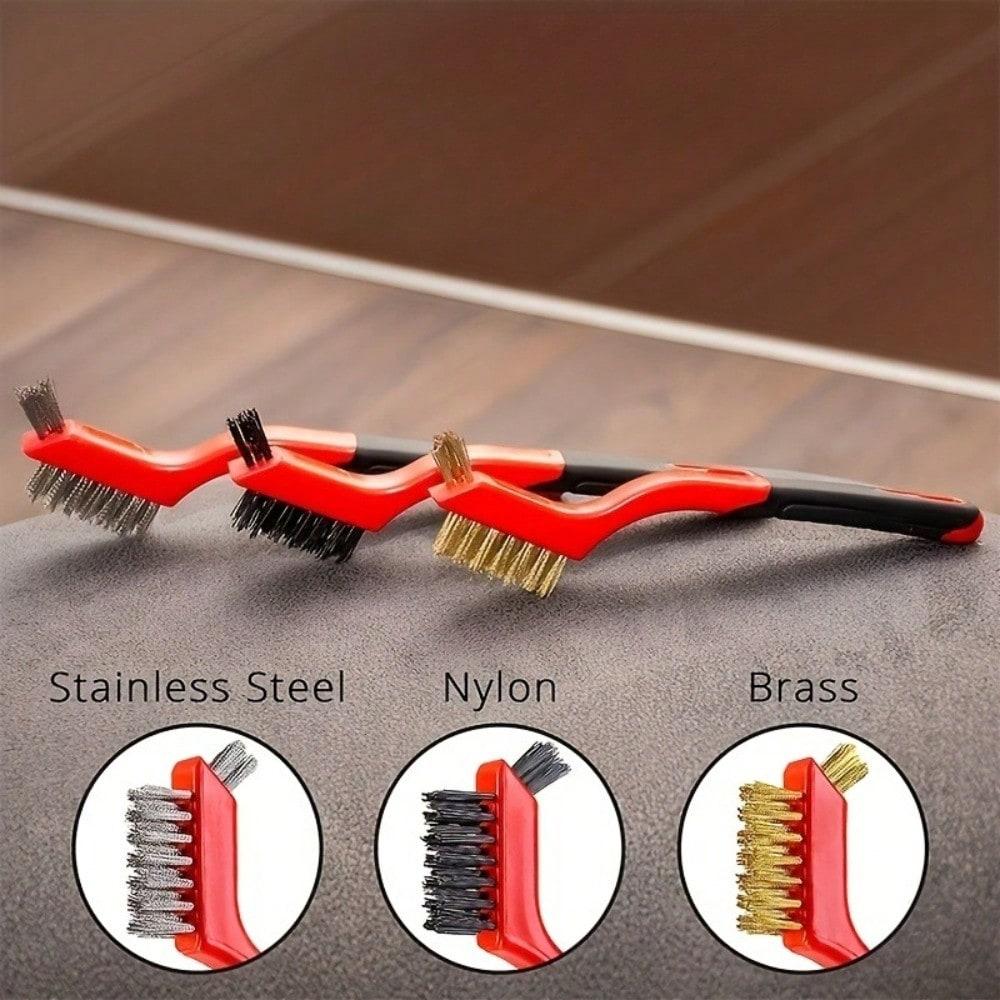 3pcs/set Wire Brush with Curved Handle - Deep Cleaning for Rust, Dirt & Paint Removal, Red, Deep Cleaning Brush|Curved Handle Brush|Metallic Bristles