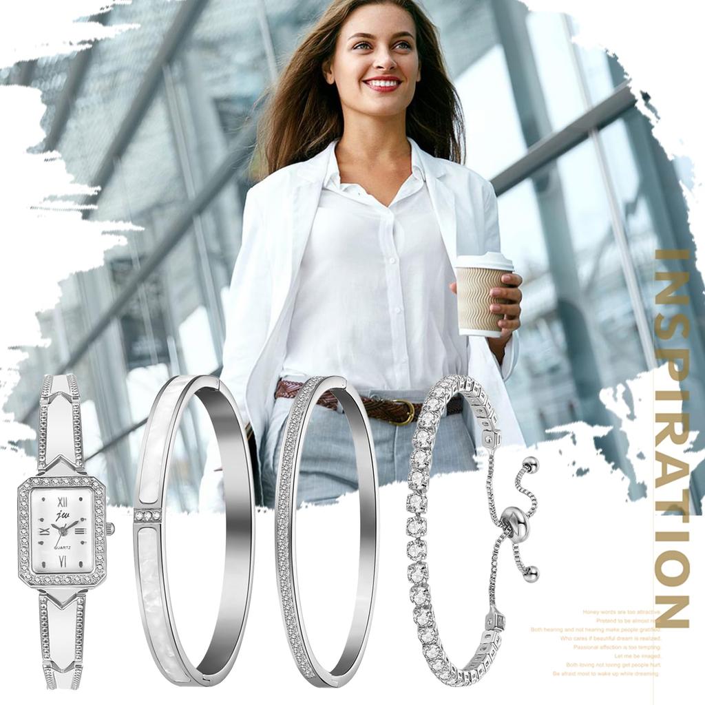 Bangle Bracelet 4 Piece Watch Roman Analog Quartz Fashion Silver Present Women's Set Cute, Waterproof, Alphabet, Display, Watch, Watch, - Birthday,