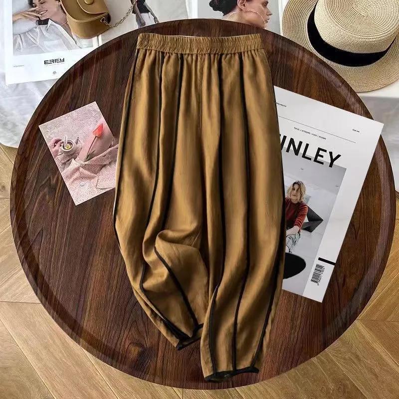 Pantaloni a Quadretti Arlecchino Estivi da Donna in Cotone e Lino Stile Letterario Retrò Sezione Sottile Casual Larghi Pantaloni a Nove Quarti