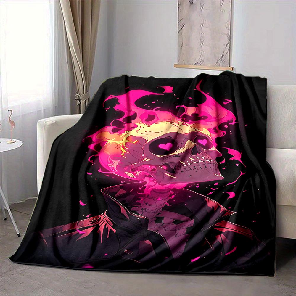 1pc Skull Flames Blanket Lightweight Flannel Blanket Throw Blanket For Sofa, Bed, Travel, Camping, Livingroom, Couch, Chair, And Bed Yy2509026161