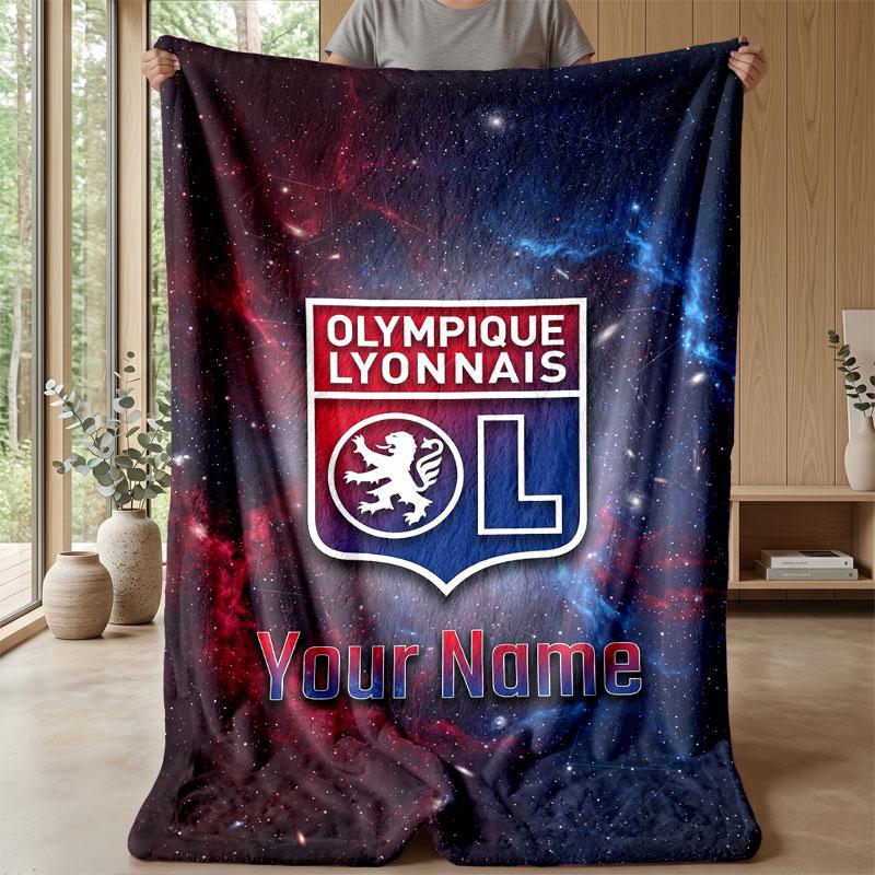 Lyon FC Custom Name Text Flannel Blanket Soccer Logo Personalized Fleece Throw Blanket Special Gift For Sofa Bedroom Home