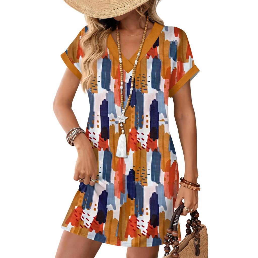 Women's Fashion Print V-Neck Short Sleeve Pocket Casual Pullover Dress
