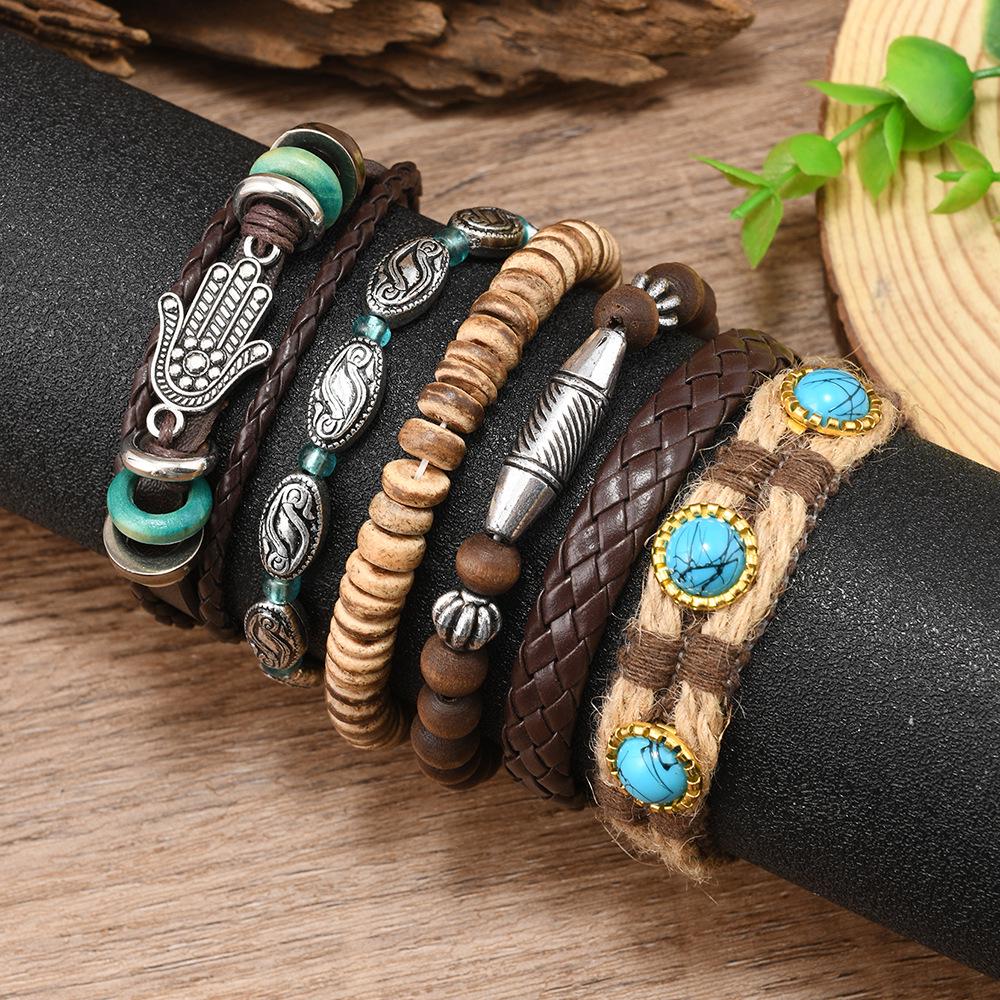 Bohemian Style Multi-Layer Beaded Leather & Coconut Shell Men's Bracelet Set (6 Pieces)