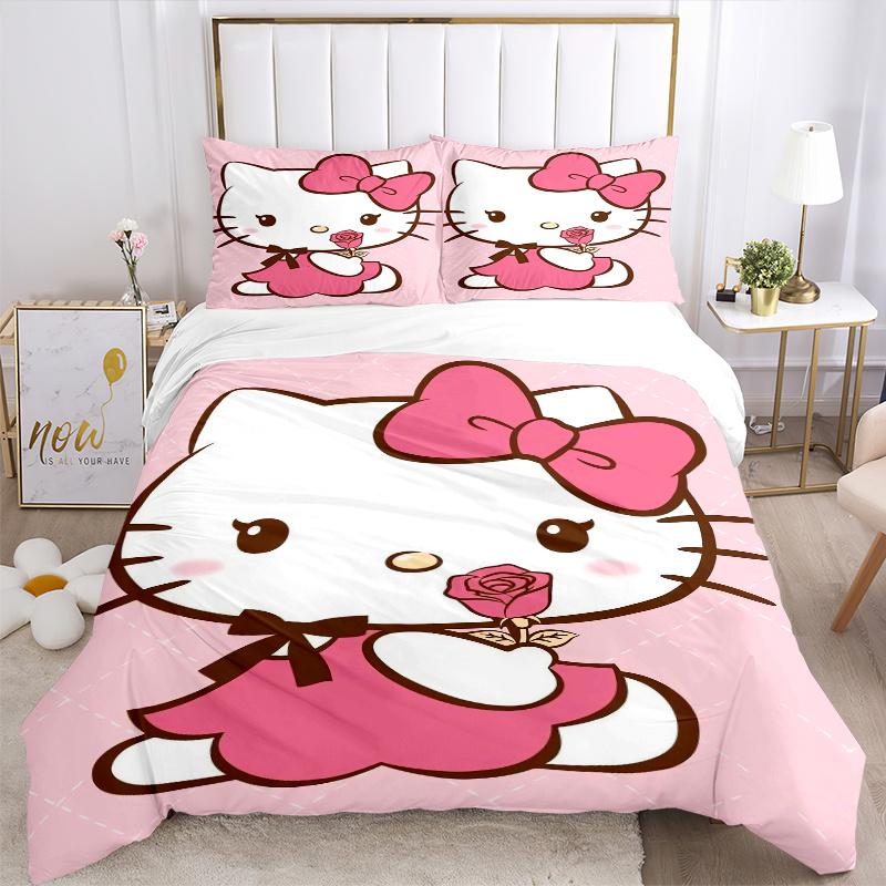 3pcs Rose Hello Kitty Sanrio Quilt Set Cartoon Themed Bed Quilt Set Lovely Character Bedroom Decor Bed Quilt Set Four Seasons (1 Cover + 2Pillowc