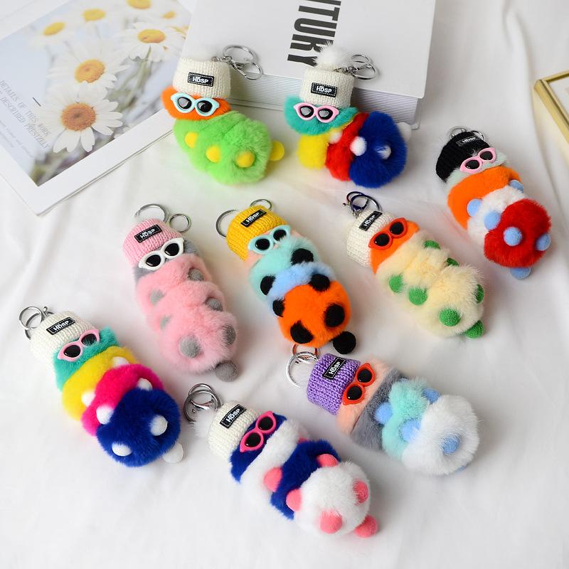 

1PC Otter Rabbit Fur Caterpillar Pendant Car Keychain With Glasses Fur Ball Jewelry