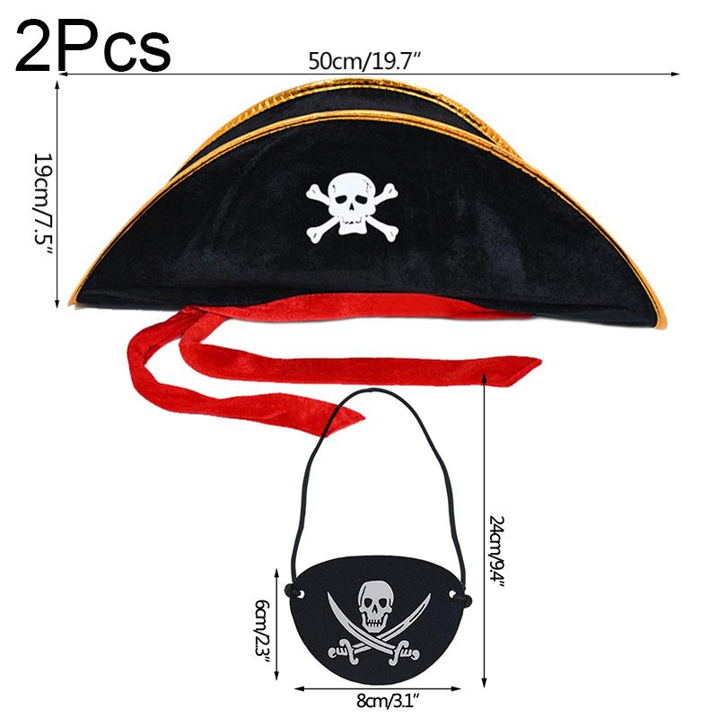 2Pcs/Set Pirate Hat And Pirate Skull Eye Patches Halloween Cosplay Captain Cap Headband For Adult Kids Birthday Party Decor Prop