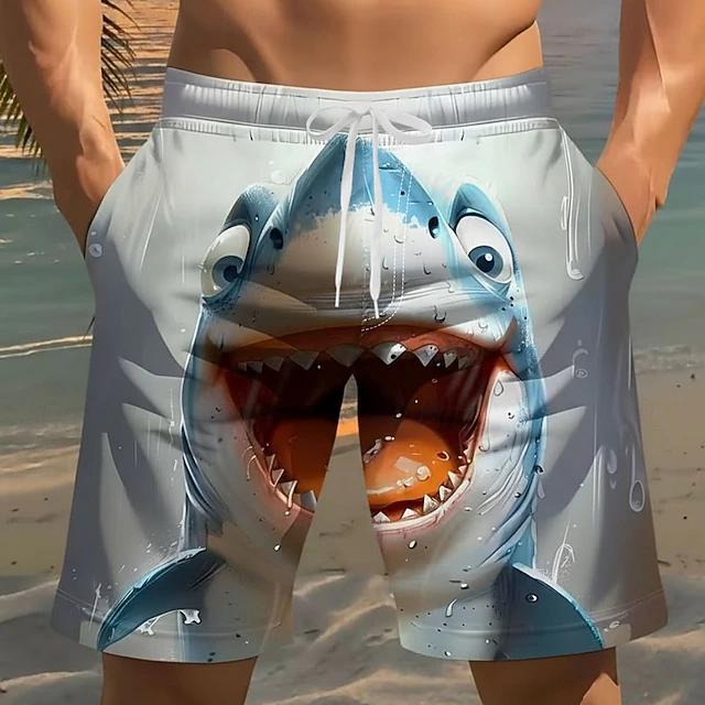 Trendy Cartoon 3D Shark Print Beach Trunks Quick Dry Drawstring Waist Oversized Casual Swim Shorts Hip Hop Street Summer Bottoms