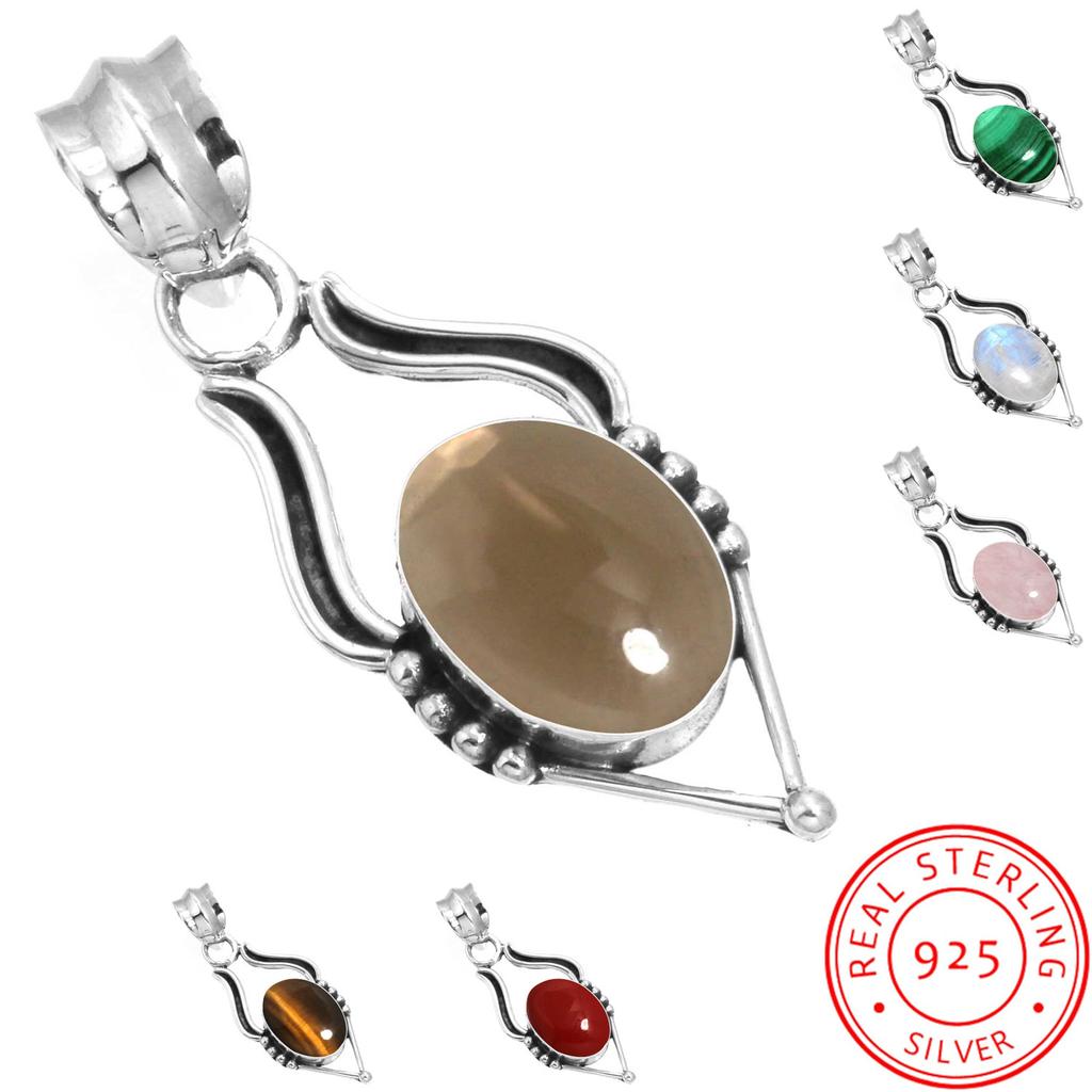 925 Sterling Silver Pendant Women Gemstone Handmade Jewelry Mothers' Day Gift Malachite Moonstone Rose Quartz Red Stone Smoky Topaz Tiger Eye Fashion