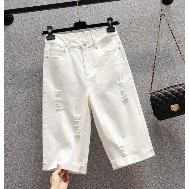 Plus Size Summer Jeans Pants Women Elastic Shorts Loose Casual Ripped Basic Trousers Denim