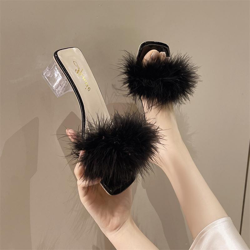 Chinelos da moda femininos verão novo dedo do pé aberto pelúcia pele de raposa grosso com chinelos sexy casa banquete dedo do pé quadrado bombas simples