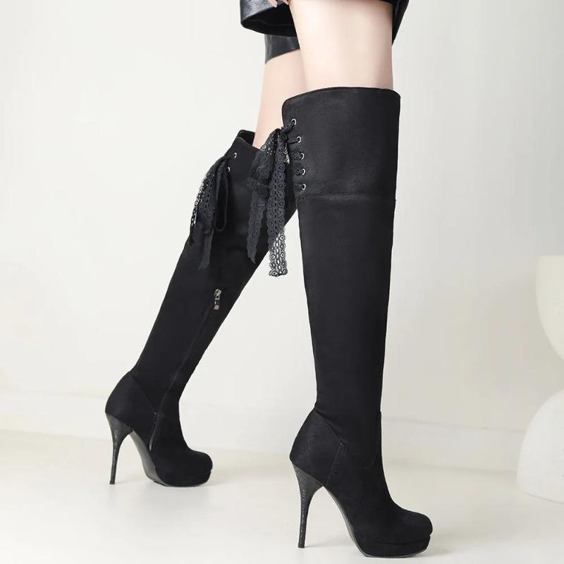 Plus Size 43 Classic Black Over The Knee Boots Sexy Platform Stiletto High Heels Boots Women Shoes for Party Wide Leg Boots Zip