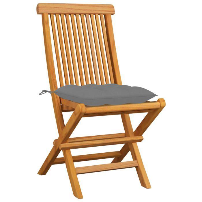 Chaises de jardin pliables en bois de teck massif avec coussins gris - VIDAXL - 4 pcs - Extérieur - Naturel
