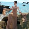 Tube-Top Netz-Streamer-Kleid Fee Sommer Senior Sexy Rückenfrei Meeresurlaub Strandkleid Langes Kleid