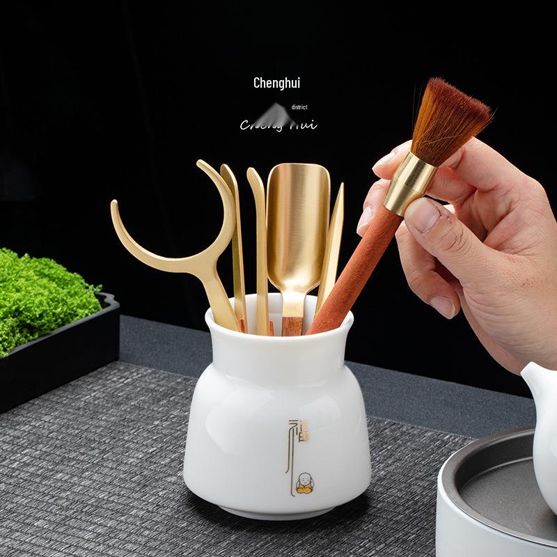 Zen Style Porcelain Tea Ceremony Set: Mutton Fat Jade & Copper Gongfu Tools - 6 Gentlemen