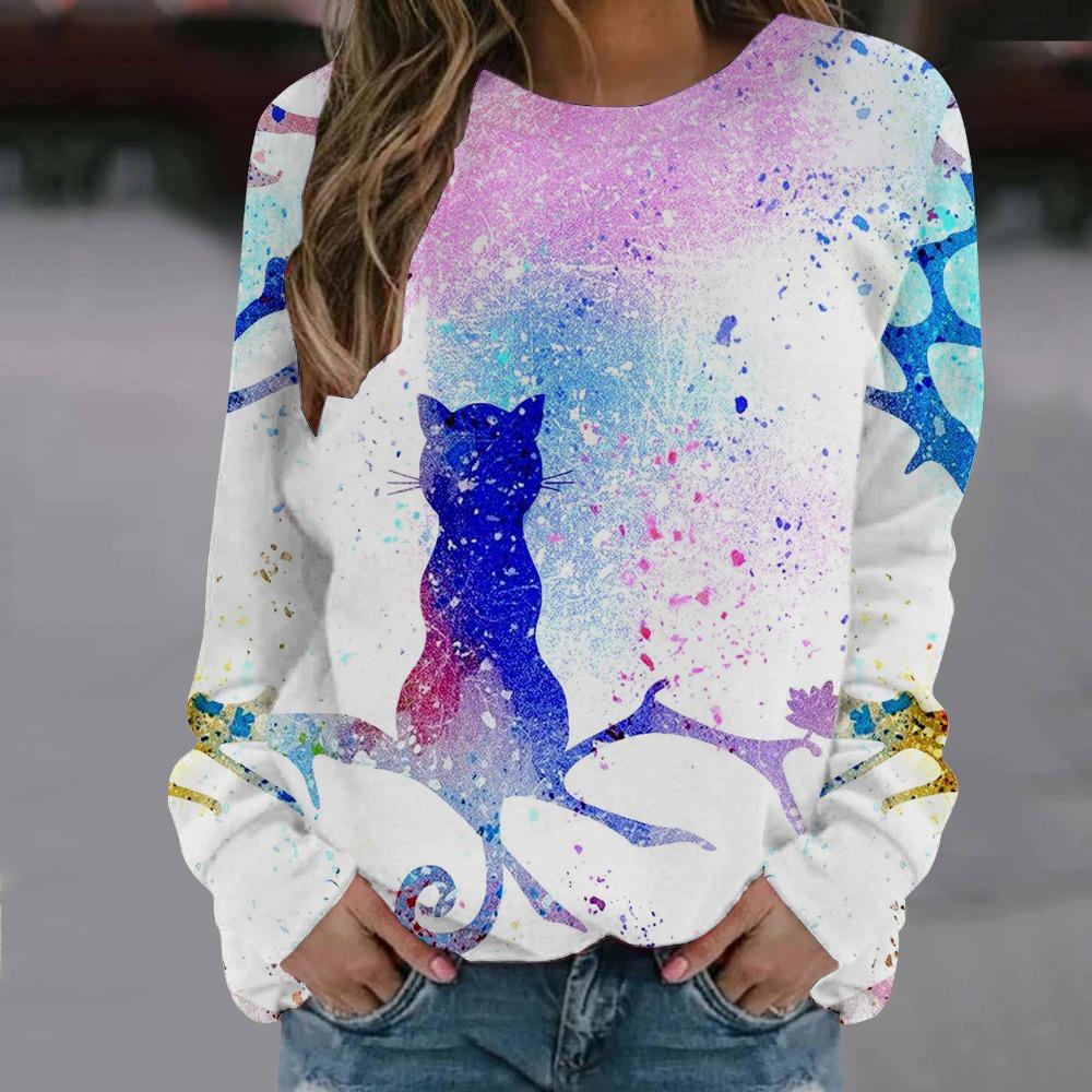 

New Fashionable Retro 3D Cute Cat Printed Women s Round Neck Long Sleeve T-shirt S