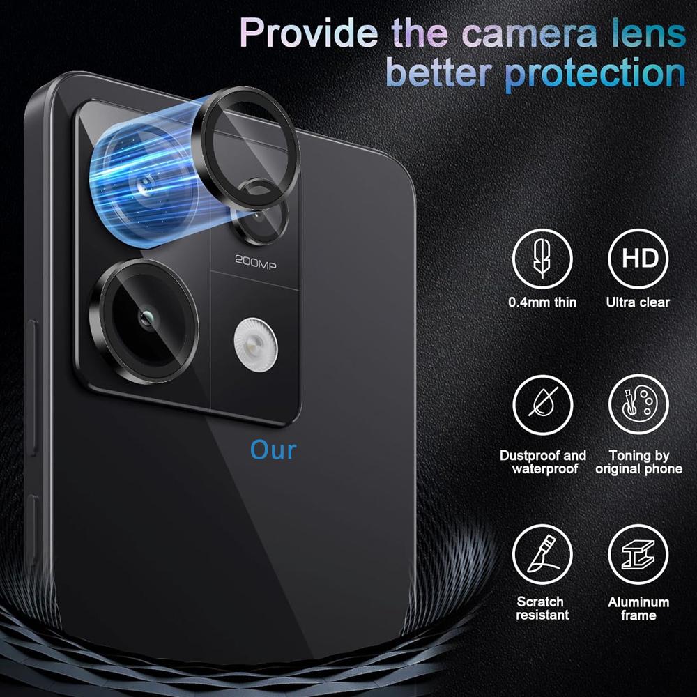2PCS Black Metal Ring+Tempered Glass Camera Lens Protector for Redmi 15 15C 4G/5G Camera Tempered Glass Film