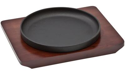 Stackable Steak Plate Grill Pan Iron Plate Round 15cm IH Compatible Natural Wood Wooden Stand Included