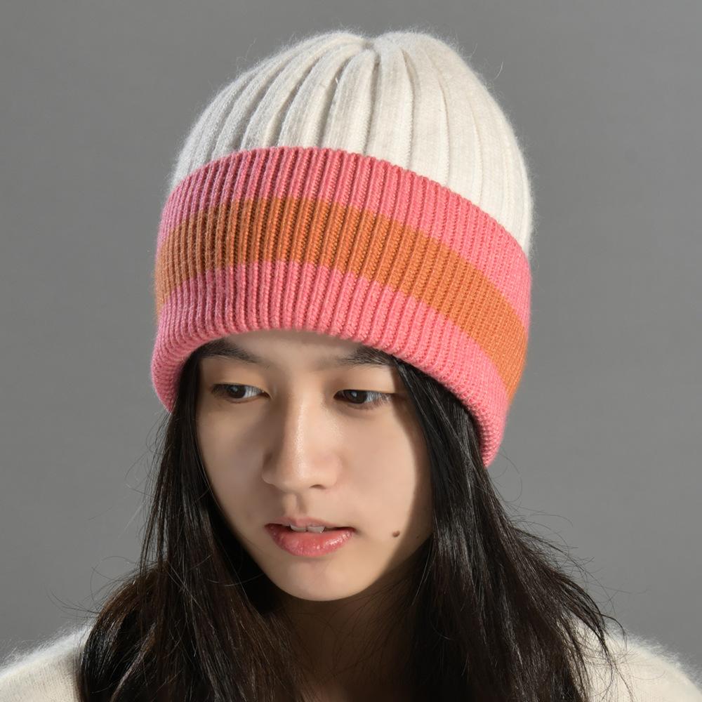 Color matching thick striped knitted hat European and American fashion rabbit down men's and women's simple and versatile soft waxy warm wool hat