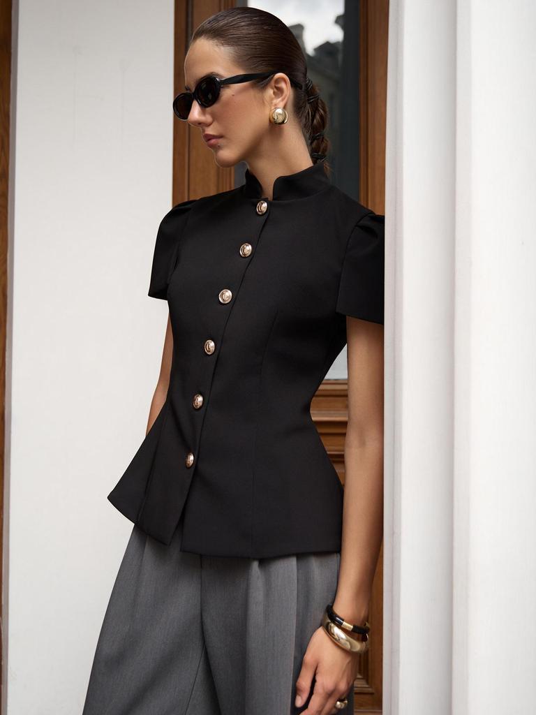 Spring/Summer 2026: Elegant Women's 3D Design Top with Lantern Sleeves & Metal Buckle