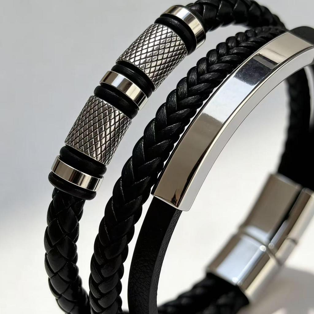 Men's Multi-layer Woven Leather Bracelet with Stainless Steel Tube