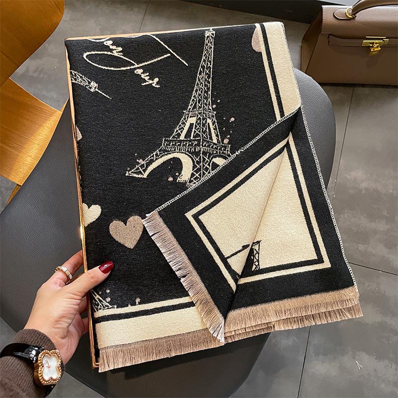 

New Style Iron Tower Imitation Cashmere Warm Scarf for Women Winter Double Sided Thickened Student Warm Scarf Large Shawl 190*65cm