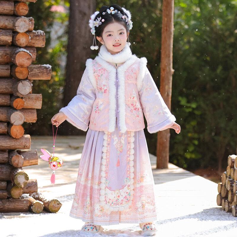 Annie Youer Girls' Winter Hanfu Tang Suit Dress Set