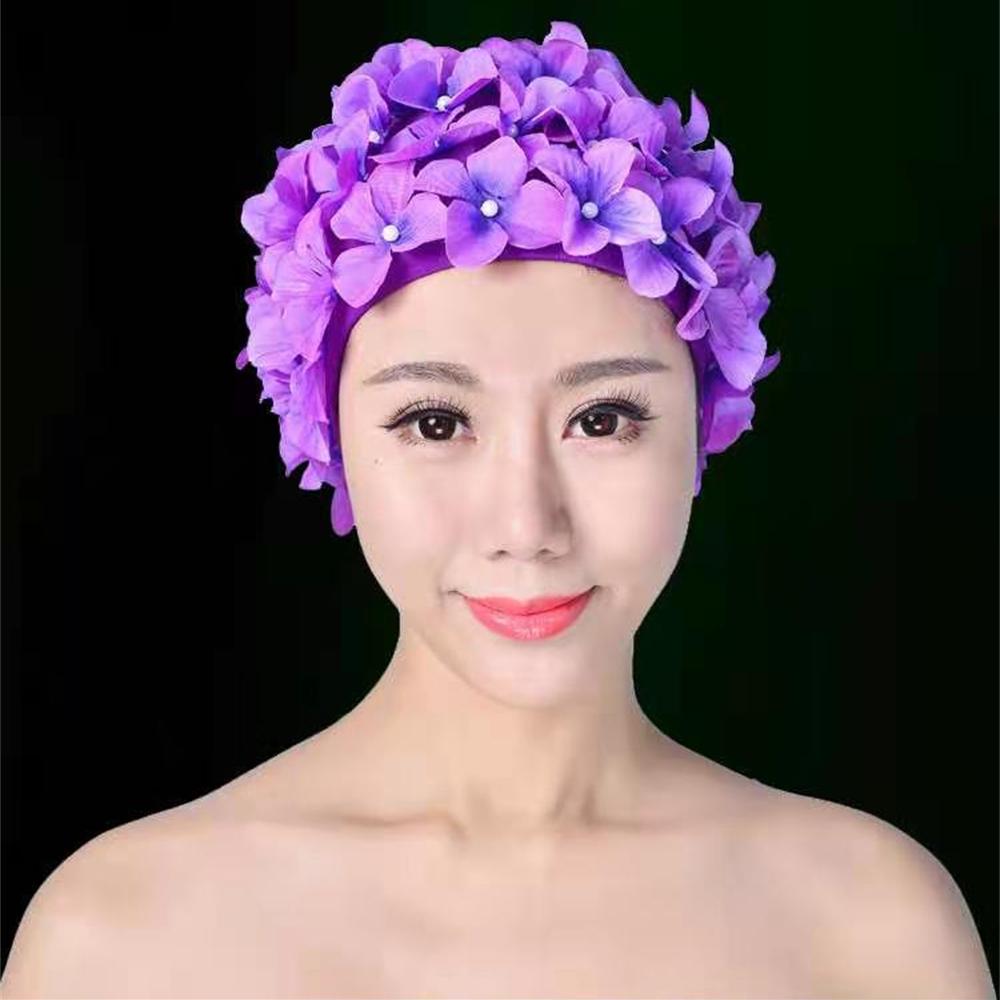 Women's Pleated Flower Swimming Cap Free Size Soft Long Hair Breathable Shower Cap Beach Surfing Protect Ears Elastic Caps Cozy