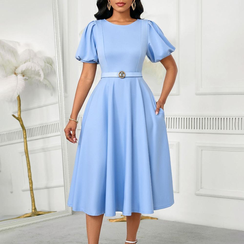 Women's Round Neck Puff Short Sleeve Midi Dress Loose Fit High Waist Elegant Solid Color A Line Dress Daily Casual Dress