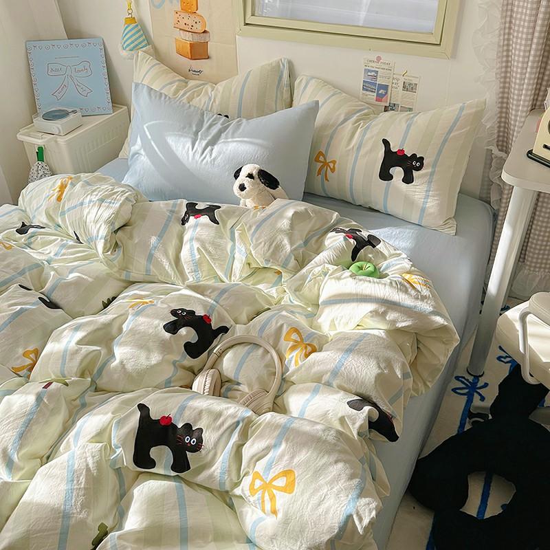 INS Cartoon Pattern Bedding Set For adults kids Fluffy pink lovely Flat Sheet With Pillowcases Colorful King Queen Full size