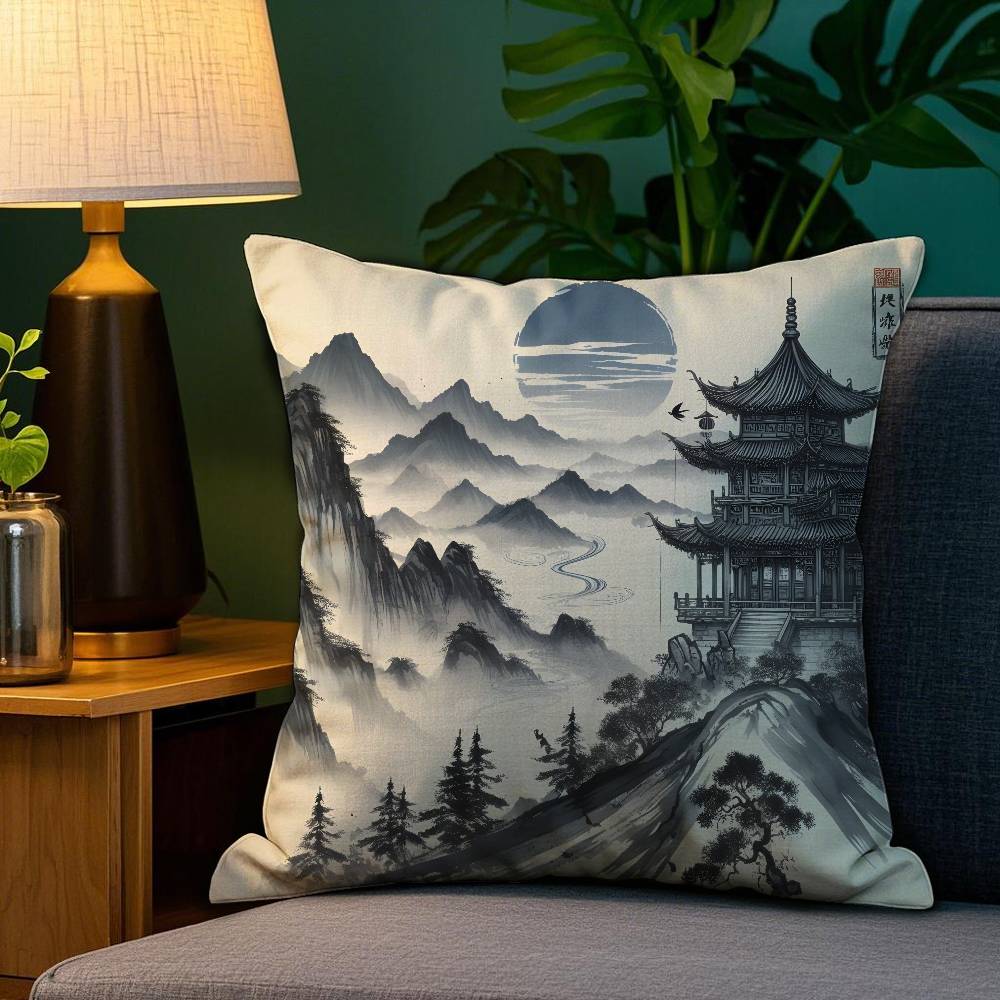 Chinese Ink Painting Style Pillow Case Plush Fabric Soft Double Sided Print Home Sofa High Quality Cushion Cover Throw