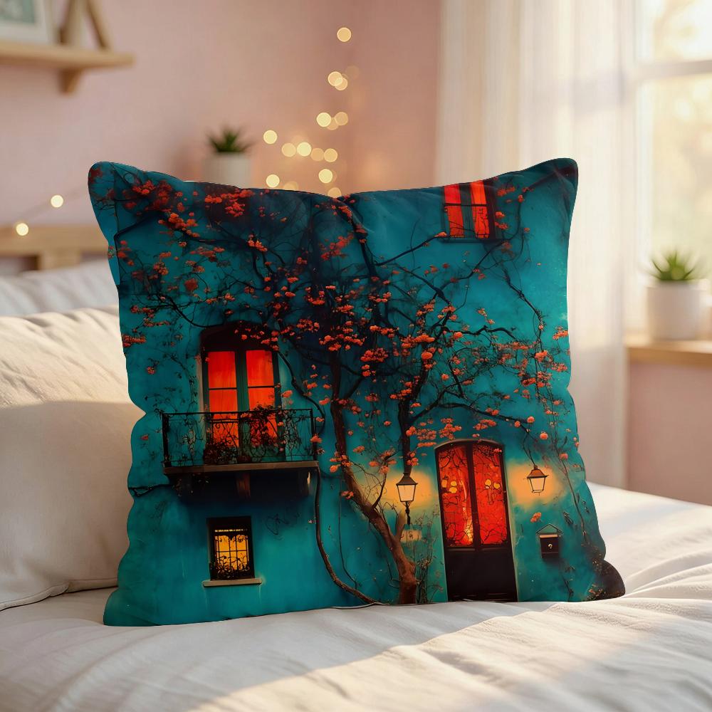 Village Door Window Oil Art Cushion Cover Silky Short Plush Invisible Zipper Dustproof Sofa Pillow Case For Home Decor