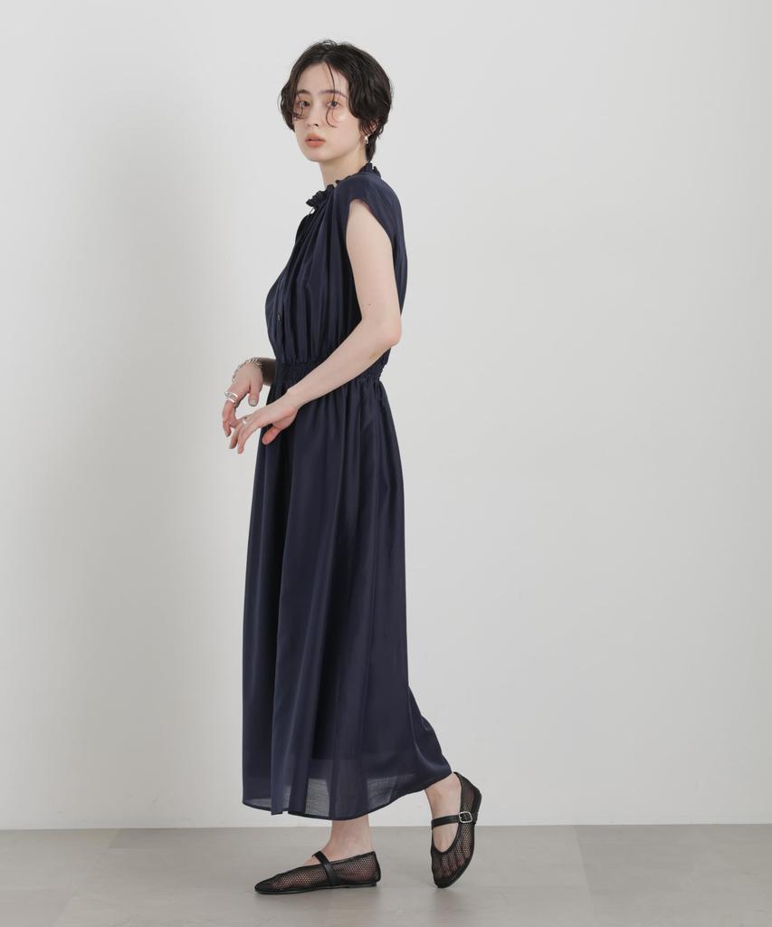 Sheer Satin Frill Collar Shirring M [Nano Universe] Dress, Women's 120, Navy, 669-6219306