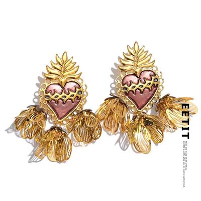 Exclusive Design Enamel Heart Flower Petal Drop Earrings Stainless Steel Golden Daily Versatile Jewelry Accessories