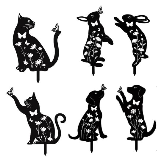 1/2Pcs Garden Stake Hollow Cat Dog Rabbit Design Decorative Outdoor Yard Art Stake Patio Garden Accessory
