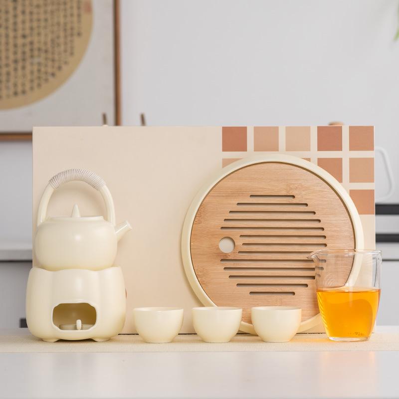 Light Luxury Xiaoya Yunji Set Cream Yellow Beam Pot Brewing Teapot Teacup Dry Brewing Plate Complete Set Household Warm Brewing Tea Stove