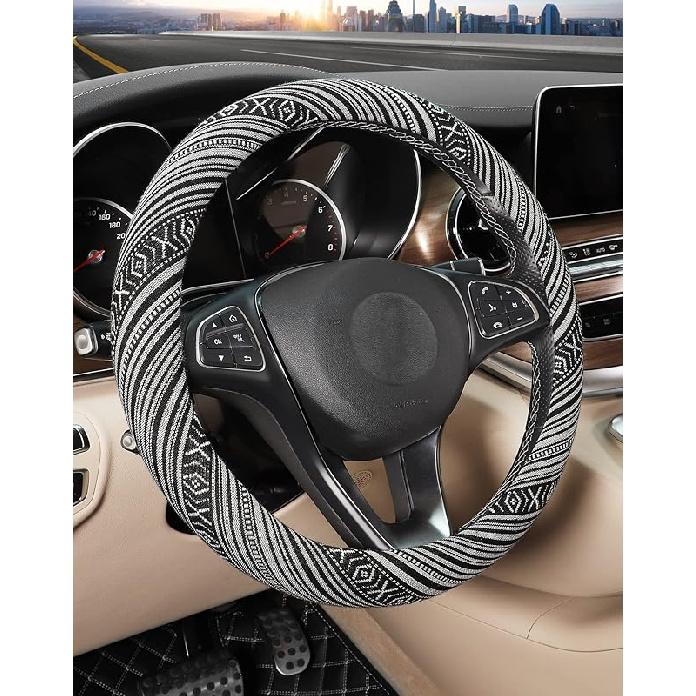 SEG Direct Boho Steering Wheel Cover With Baja Blanket Cloth, Ethnic Style Auto Wheel Cover Made Of Coarse Flax, Fits 14 1/2-15 1/4 Inches Car Wheel