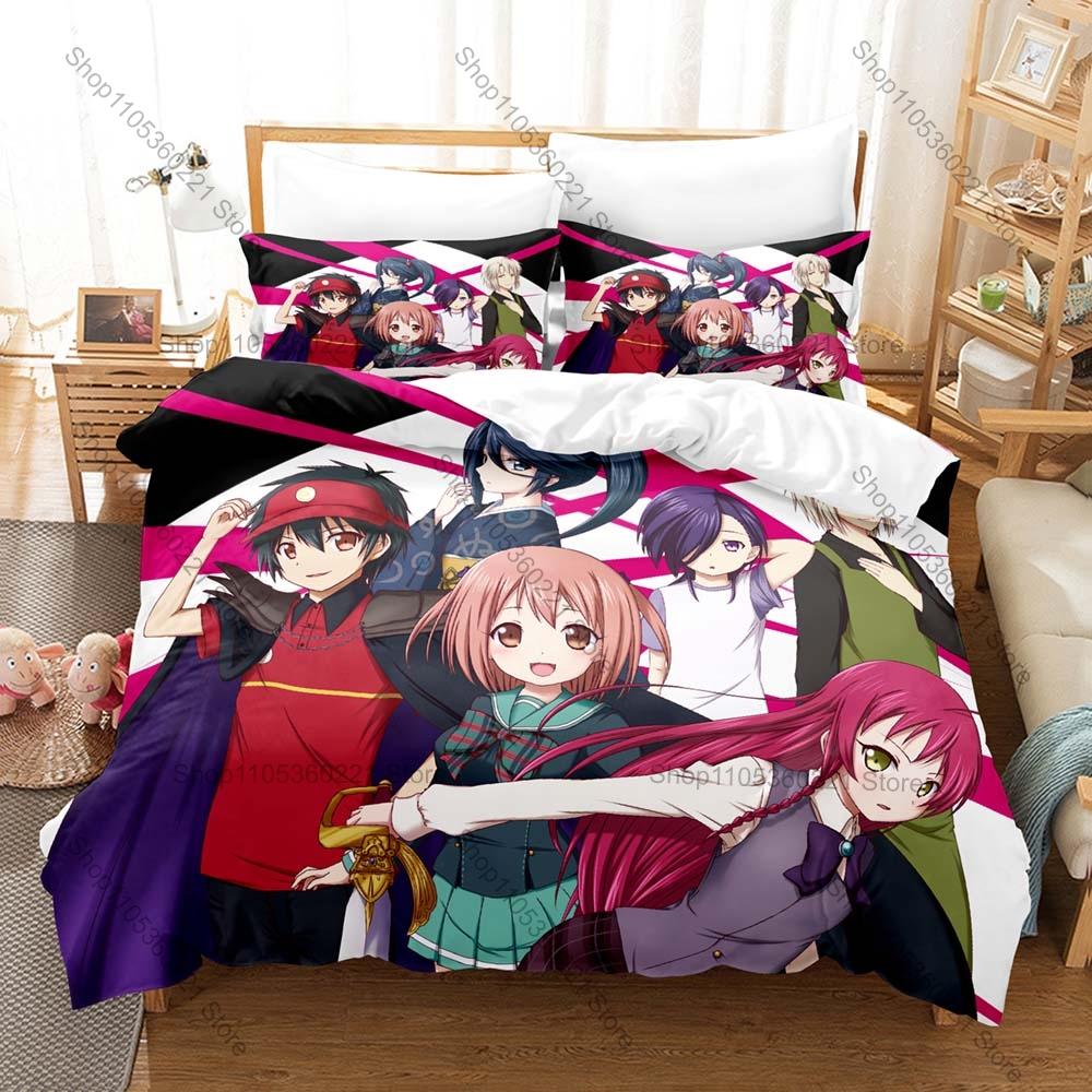 Cool Hataraku Maou Sama Bedding Set Duvet Cover 2 Pillowcases Isekai Comedy Anime Maou Sadao Emi Yusa Fast Food Casual Bedroom D
