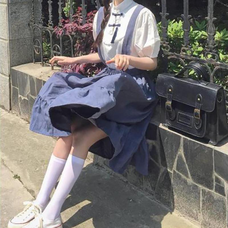 WTEMPO Girl's Sweet Preppy Style Strap Long Skirts Ruffles Loose Cute Student Casual Skirts Female Suspender Skirts