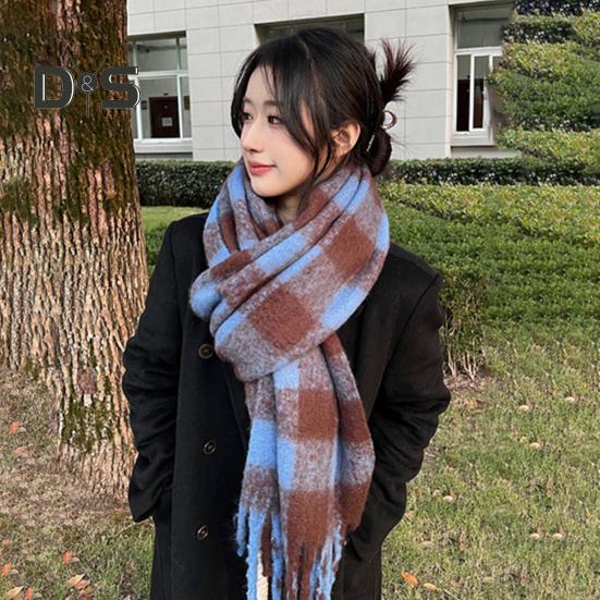 Women Scarf Plaid Print Thickened Warm Long Shawl with Tassel Trim Versatile Winter Blanket Wrap Daily Wear