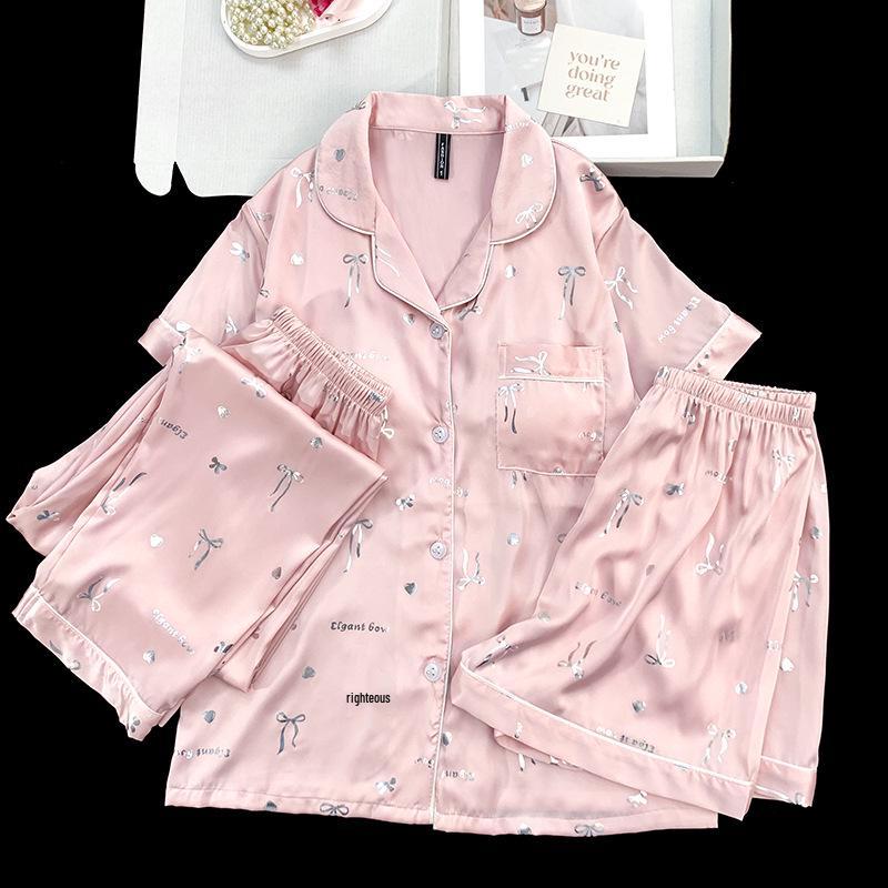 Women's Ice Silk Pajama Set: Built-in Bra, Silver Cinnamon Dog & Cat Top, Shorts & Long Pants