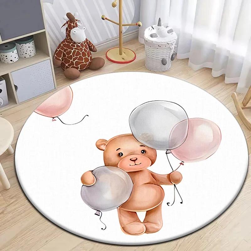 Cartoon Cute Little Bear Animals Round Carpet for Living Room Decor Kid's Bedroom Play Floor Mat Anti-Slip Camping Picnic Mats