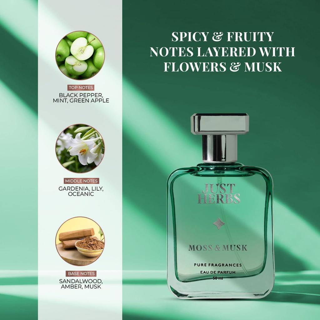 Just Herbs Relaxing Moss & Musk EDP Parfém pro muže 50ml, Dlouhotrvající až 8 hodin Čistá vůně Eau Da Parfum Pánský tělový sprej