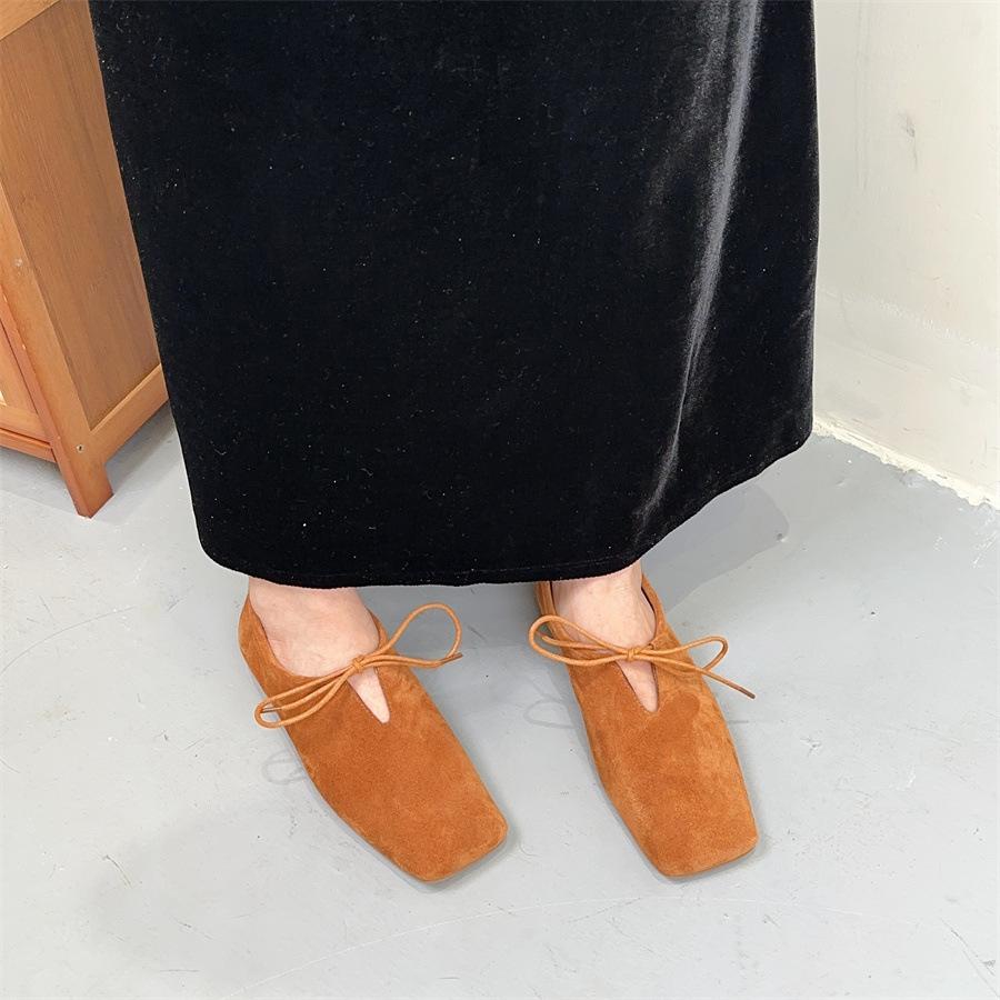 Johnature Square Toe Loafers Frosted Cowhide Versatile Handmade Lace-up Genuine Leather Women's Flat Shoes