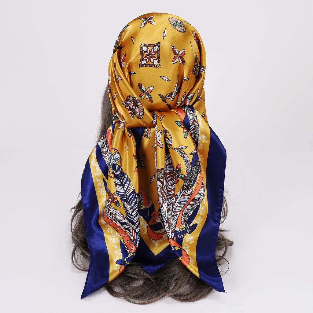 90 * 90Cm Square Scarf, Simulated Silk Scarf, Women'S Headscarf Co Contrasting Color Shawl Stripe Simple