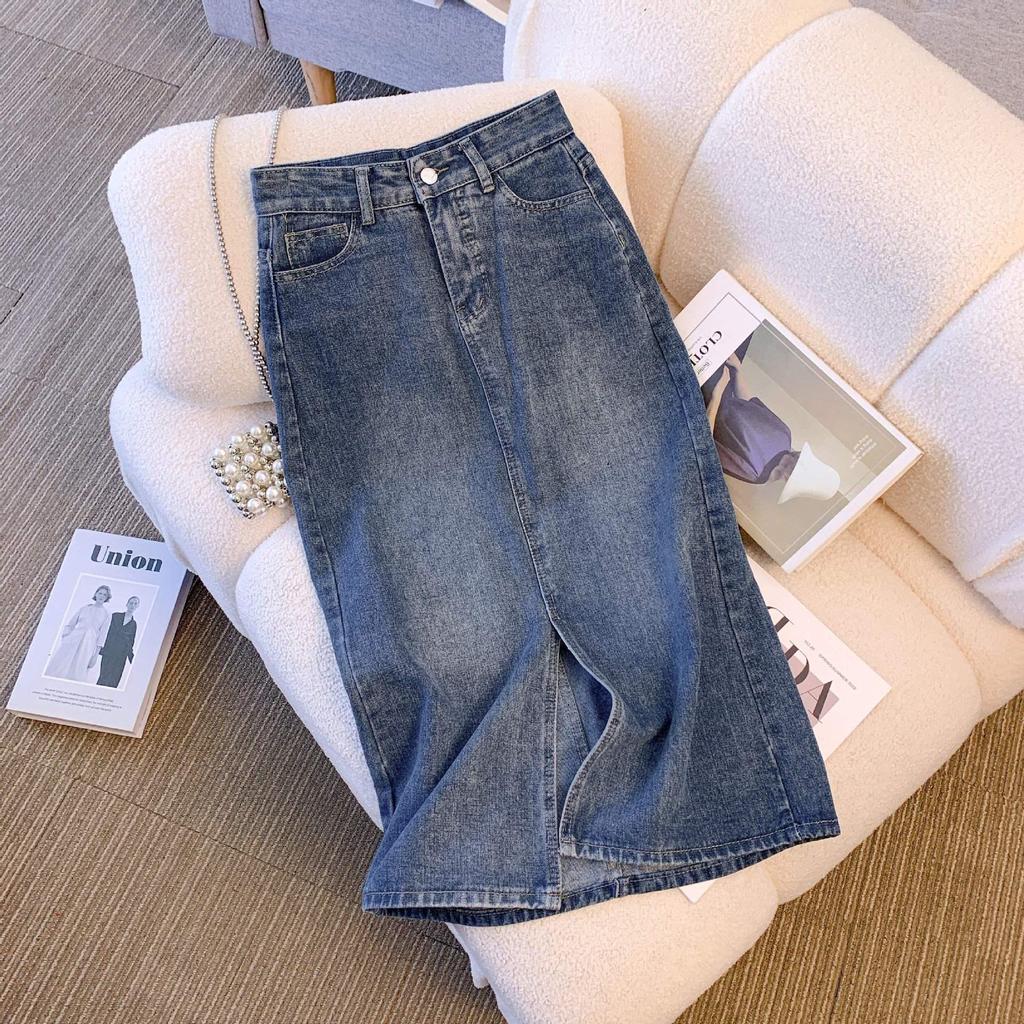 2024 Summer High-Waist Retro Denim Midi Skirt with Slit