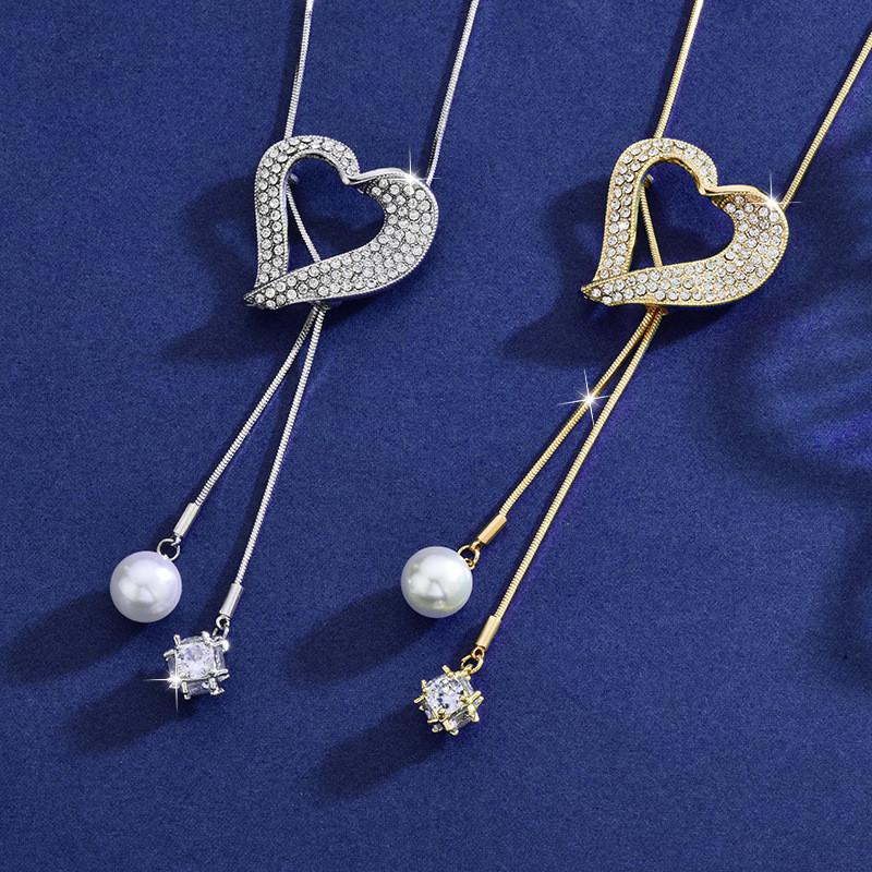 Fashion Heart Shape Pearl Crystal Long Necklace For Women With Zircon Decor