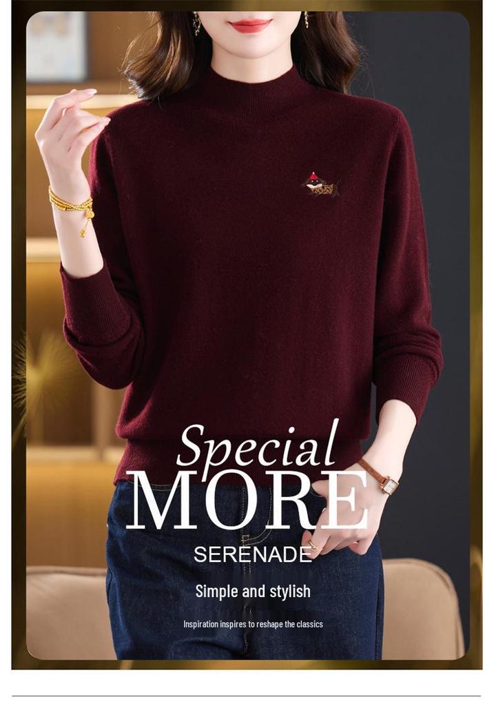 Women's Pure Wool Half-High Neck Sweater: Winter Warm, Loose Fit, Fashionable for Middle-Aged & Elderly Mothers